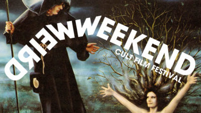 The Grim Reaper stands looking down at a white person with long dark hair flailing their arms in the air. They are both in a gloomy swamp. Over the image is written in block white letters: WEIRD WEEKEND.