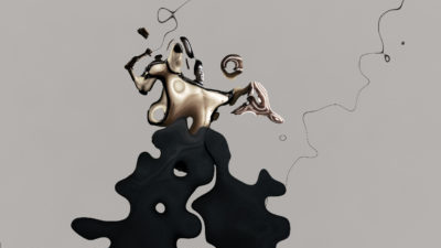 A grey background with a slightly abstract blurry black and gold figure with heels. Top right is written WERX