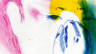 A drawn or painted face of a person with white background, blue outline of eye and eyebrows and a hand covering their face, pink hair, and green and yellow shading over the top and right of their face.
