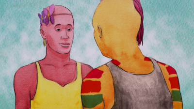 Two drawn or painted people of colour standing facing each other. One with their back to us is painted orange-yellow with a grey vest and red and green stripes on their uppers arms. The other facing us is pink with a purple flower headband and a yellow vest. The background is a torquoise-white shade.