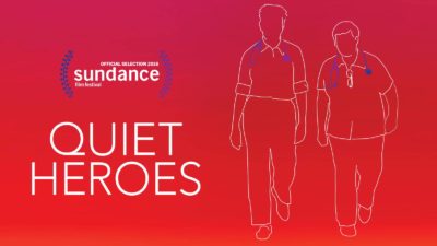 An all red background with 'Quiet Heroes' and 'Sundance' written in white letters and two barely sketched white figures in white.