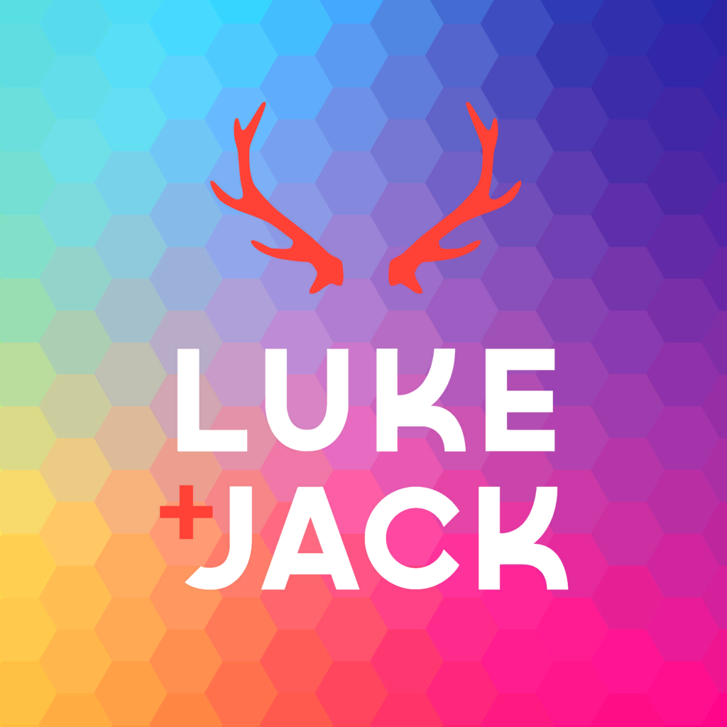 Luke and Jack logo white writing with red antlers on a multi-coloured background.