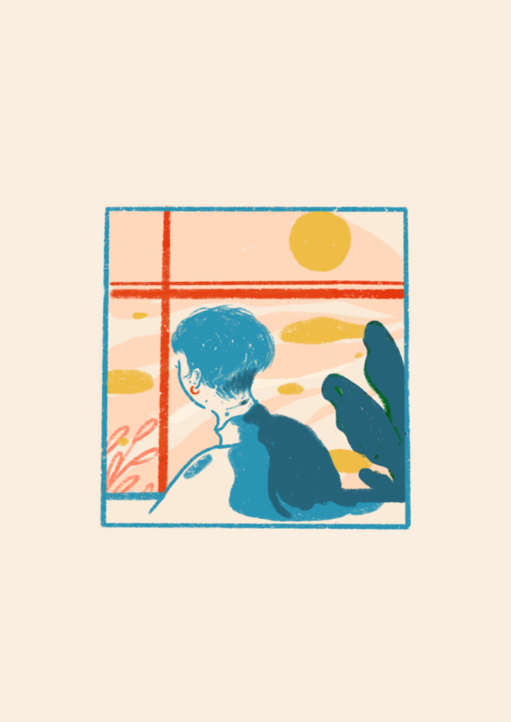 Illustration of the back of a figure in blue looking out a window with red frame and yellow and peach colours outside.