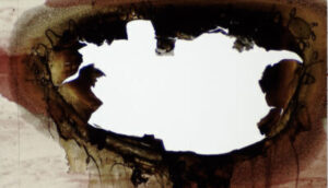 An abstract image, which looks like a painting, of a reddish brownish material with a hole burnt into it, exposing a plain white background behind it.