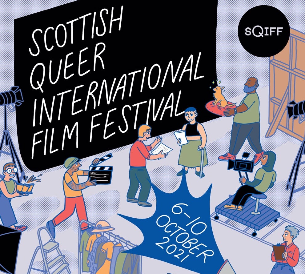 An illustration of people running around a busy film set, with a black screen saying 'Scottish queer international film festival'