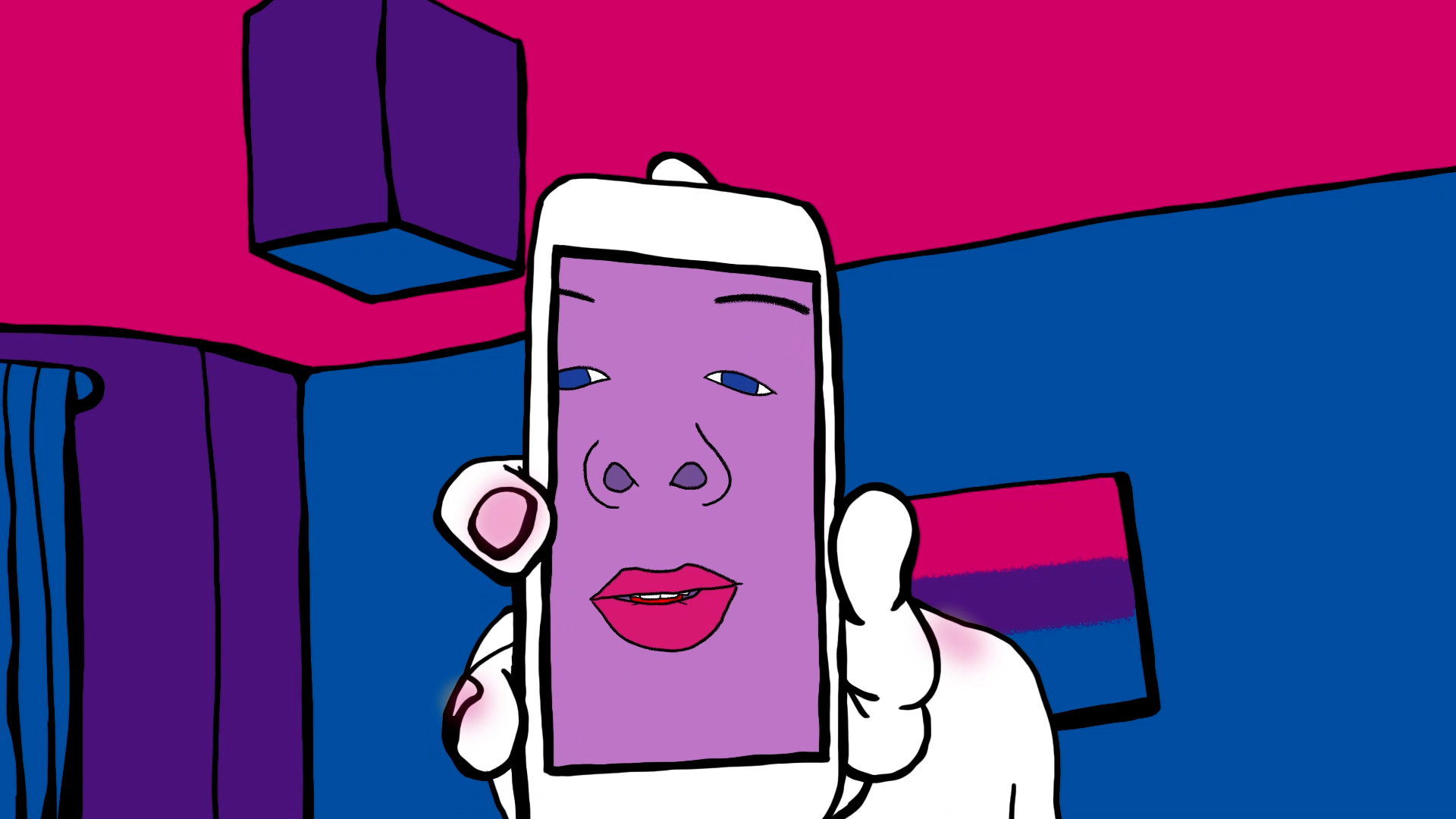 Screenshot of an animated had holding a mobile phone up to the front of the screen. A large face is on the screen.
