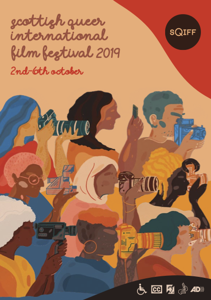 An illustrated image featuring rows of multi-coloured women holding their cameras to their face. The text reads Scottish Queer International Film Festival 2019 2nd-6th October. The SQIFF logo in brown is in the top right corner.