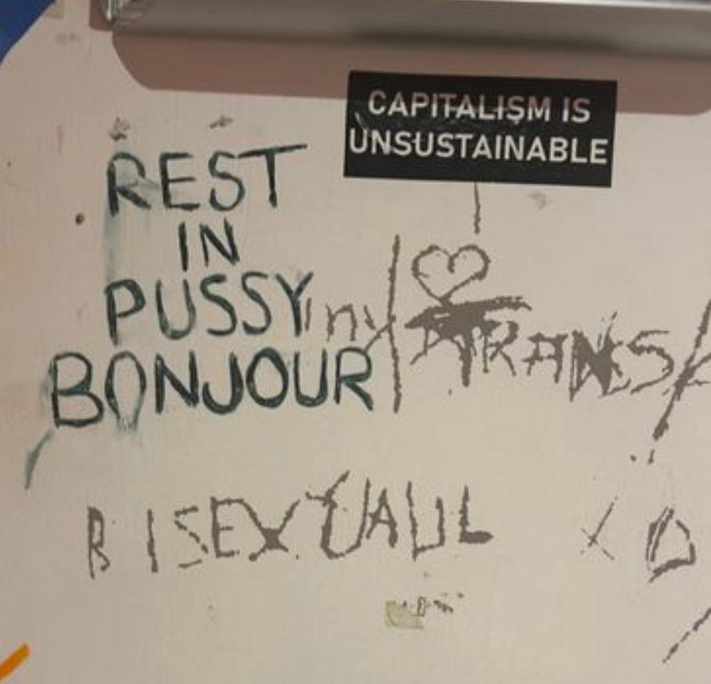 Beige wall with the text Rest in Pussy Bonjour in pen, a sticker that reads Capitalism is Unsustainable, and part of the wall is scretched out with the work Bisexual.