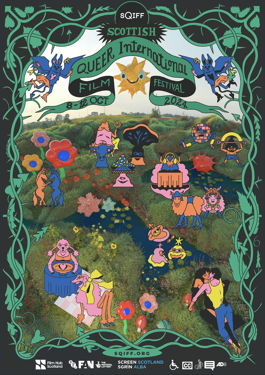 An illustrated 2D image showing various colourful animals, people, and characters in front of a 3D nature field with small lakes. Around the image there are green vines on a black background. The text reads Scottish Queer International Film Festival 2024 8-12 October. The SQIFF logo can be found at the top of the illustration with Screen Scotland and Film Hub Scotland logos at the bottom, right next to access symbols for the festival.