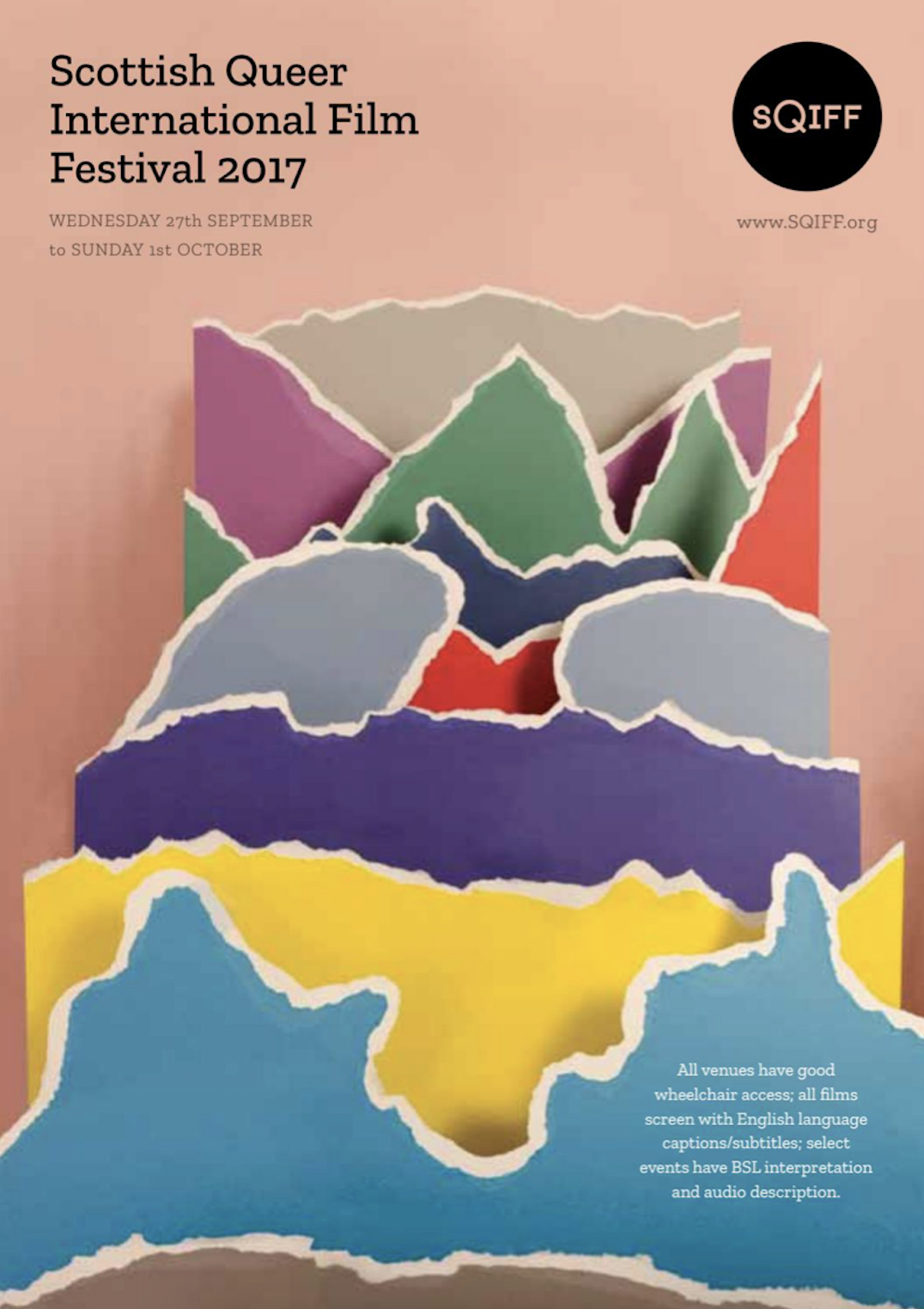 A collage of a mountain using different coloured paper. The background is beige. The text on the top left corner reads Scottish Queer International Film Festival 2017 Wednesday 27th September to Sunday 1st October.