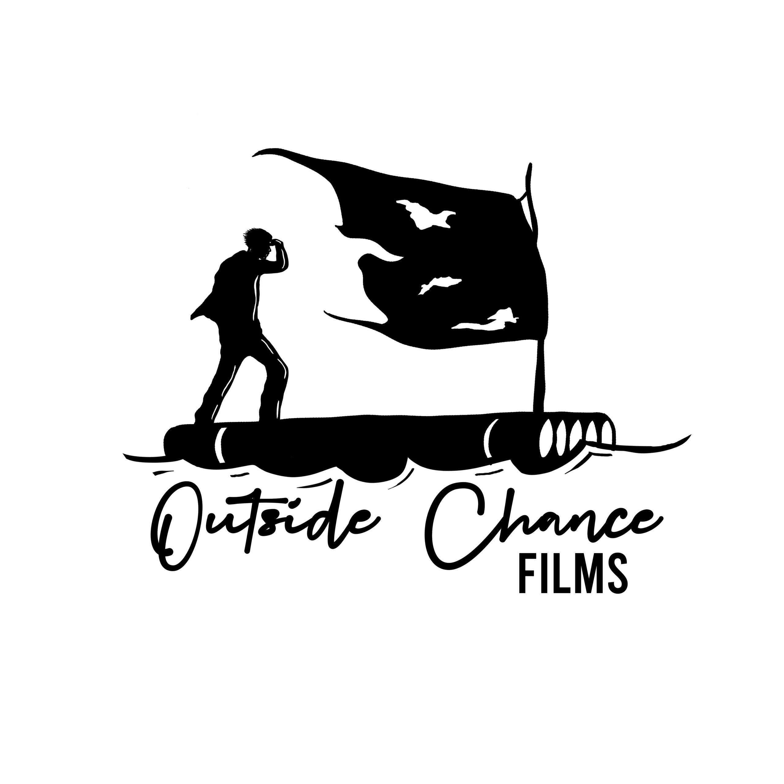 A person clinging to the mast on a raft with a ragged sail, with their hand shading their eyes and staring into the distance. The words Outside Chance Films are written in the waves beneath the raft