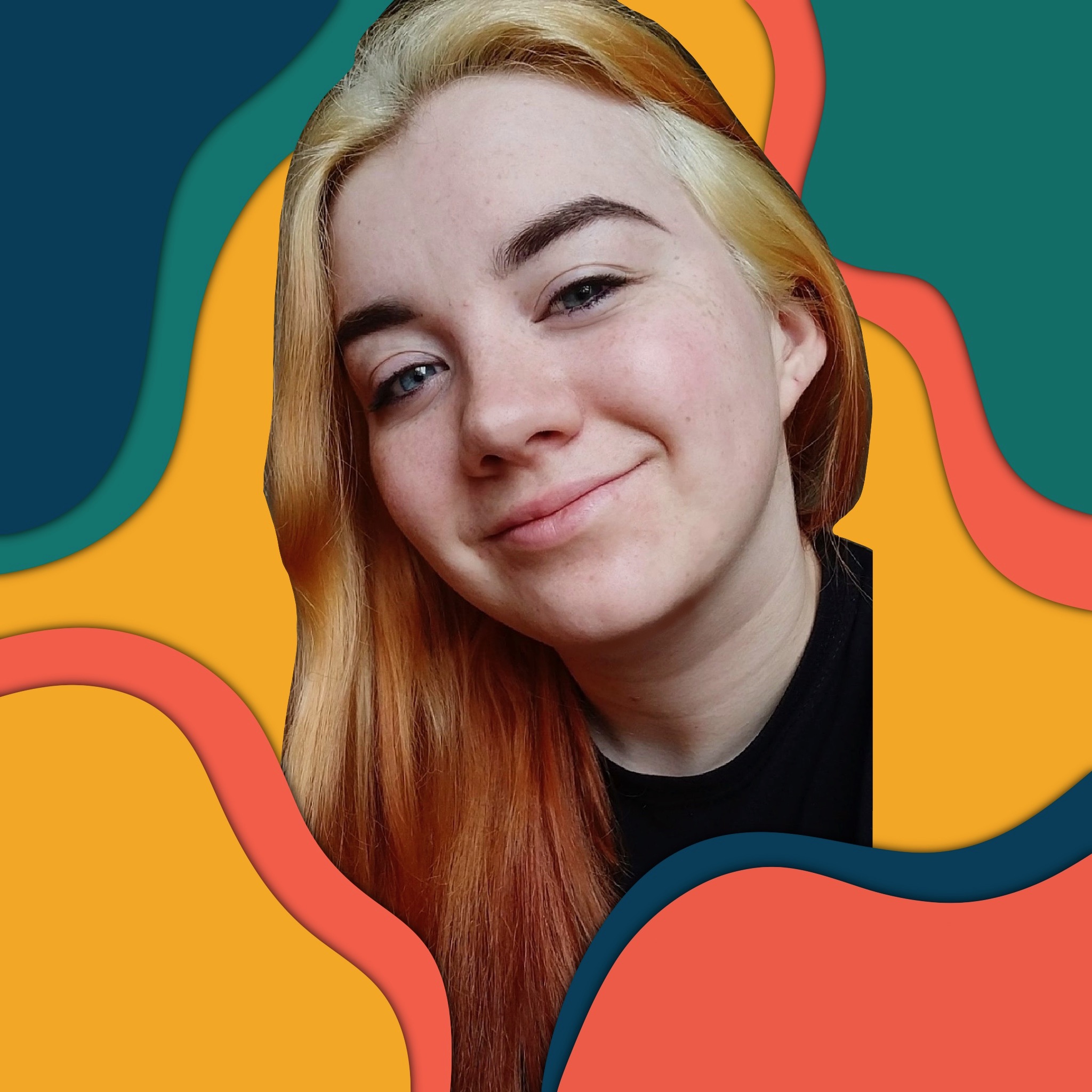 A selfie of a blond haired woman smiling against a bright, block colour background of yellow, green, red and blue.