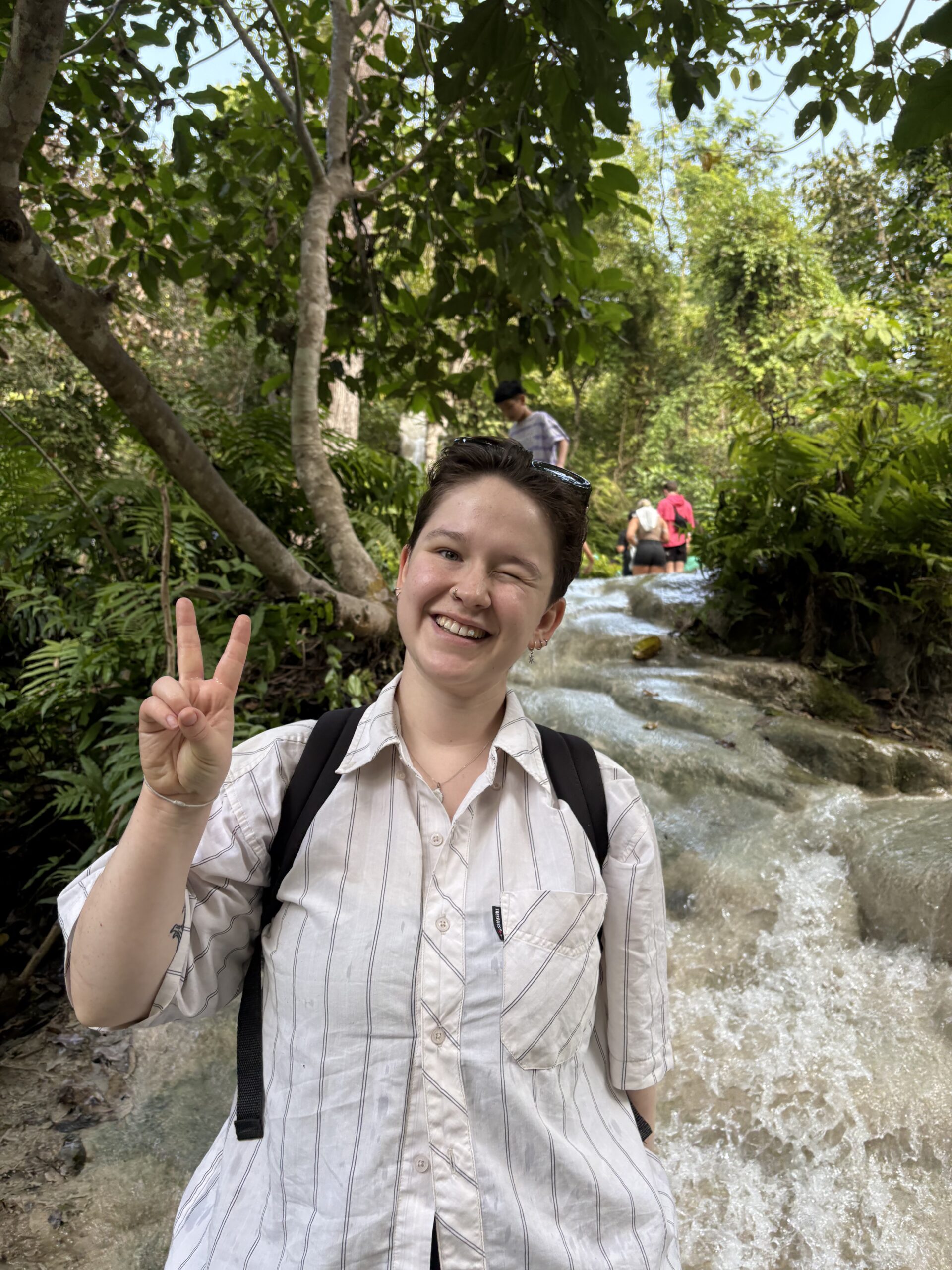 A picture of Lyall Tighe, a white non-binary person with short brown hair standing in front of a waterfall surrounded by trees. They are smiling and holding up a peace sign