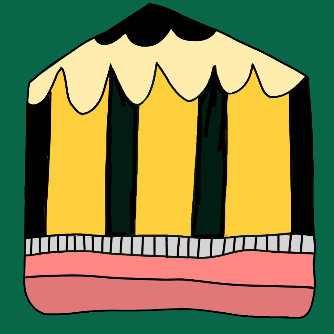 A Jumbo sized yellow & Black striped 2b pencil on a forest green background