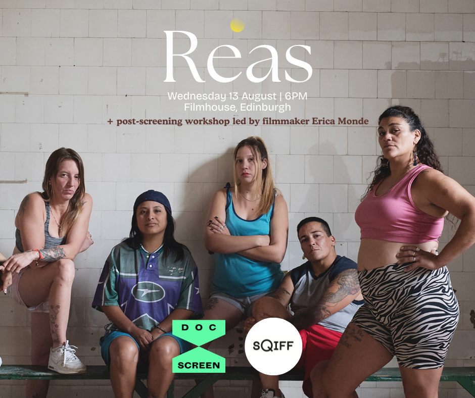 Five women posing in front of a white wall. The name of the film Reas is on the top and logos for SQIFF and SDI are on the bottom of the image