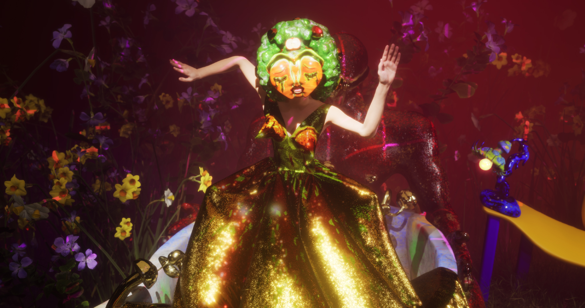 A colourful image of a figure dancing amongst animated flowers.