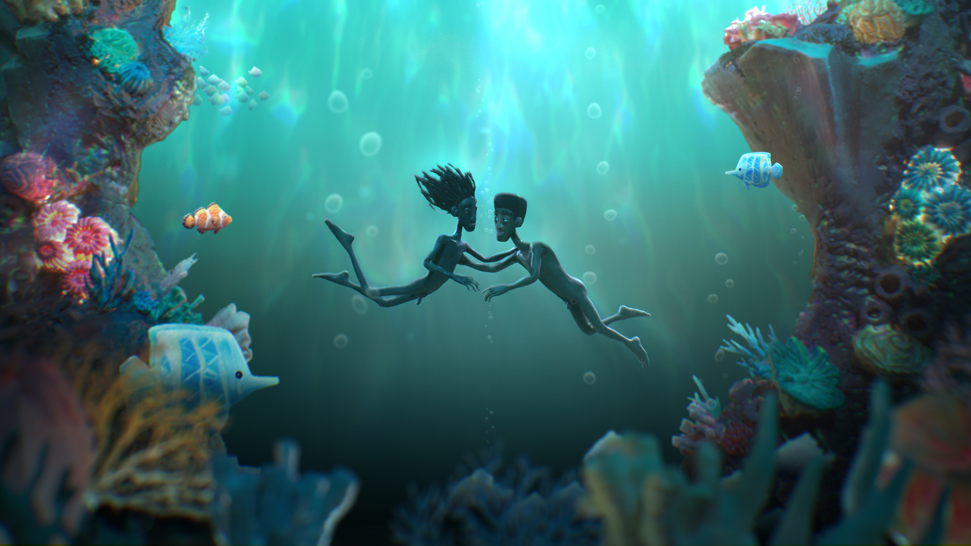 Dula and Eden swim toward each other in an underwater turqoise paradise, surrounded by coral and colourful fish.