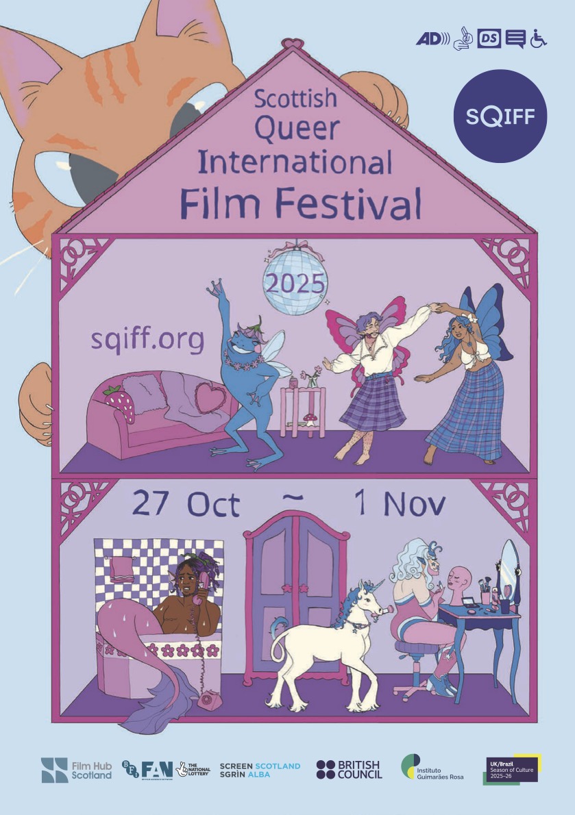 SQIFF 2025 Festival Artwork with many queer mystical creatures dancing and enjoying their day to day lives in a big house with a cat looking inside it from the top left of the artwork.