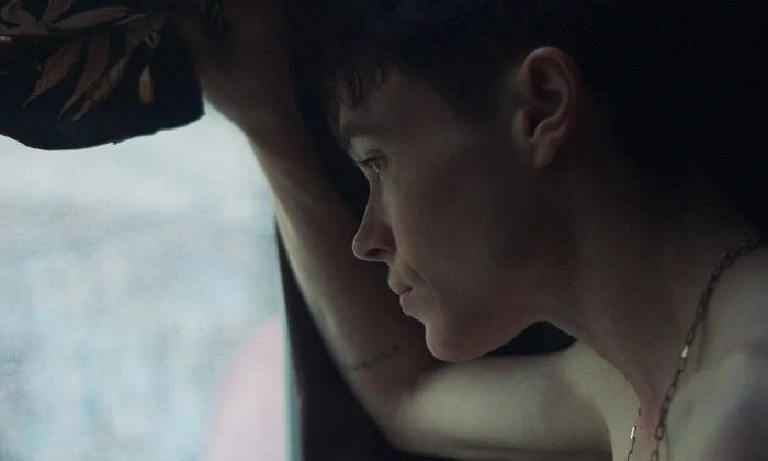 Close-up of Elliot Page staring outside a window shirtless.