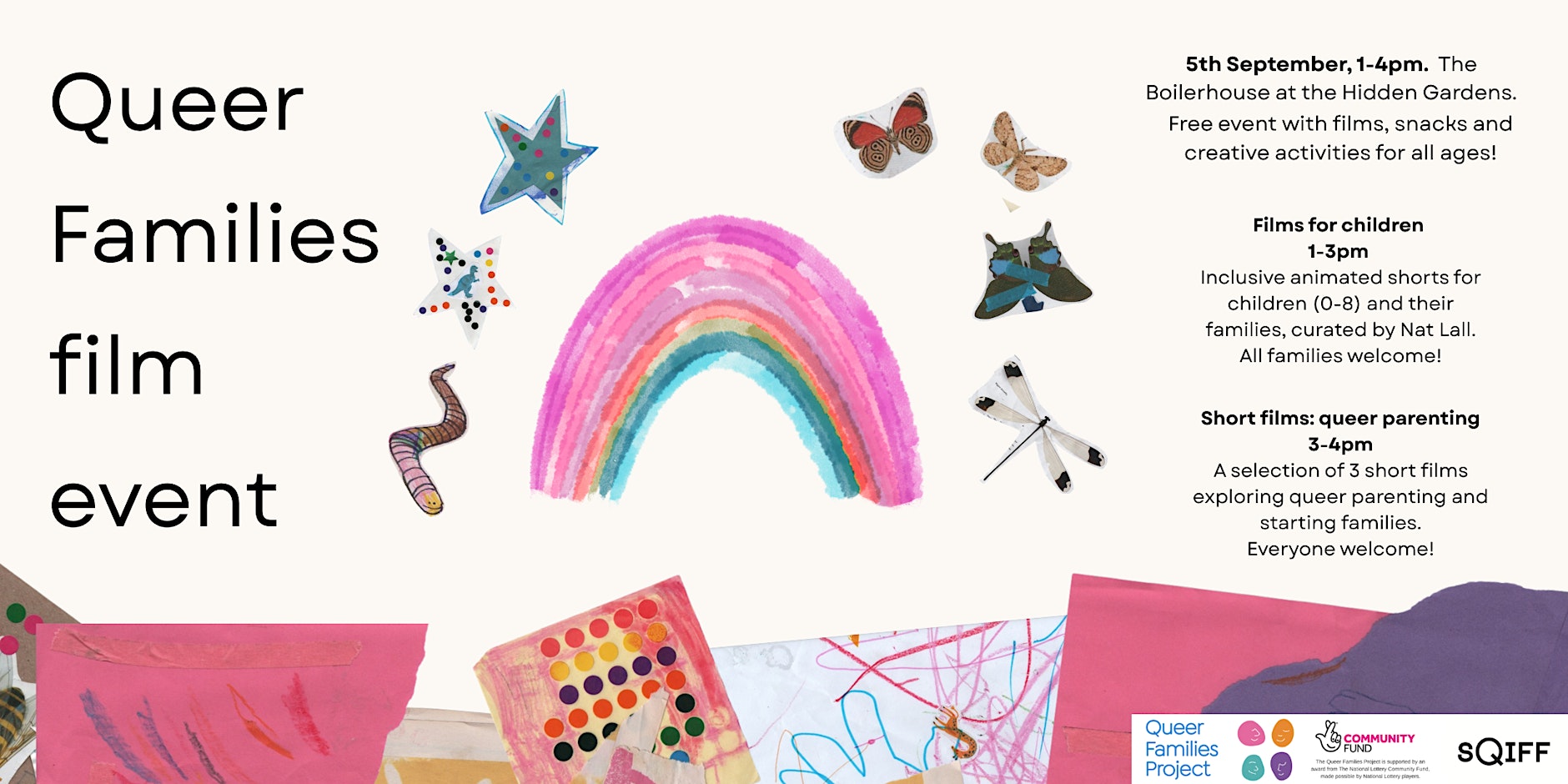 Queer Families Film Event poster with childrens' drawings.