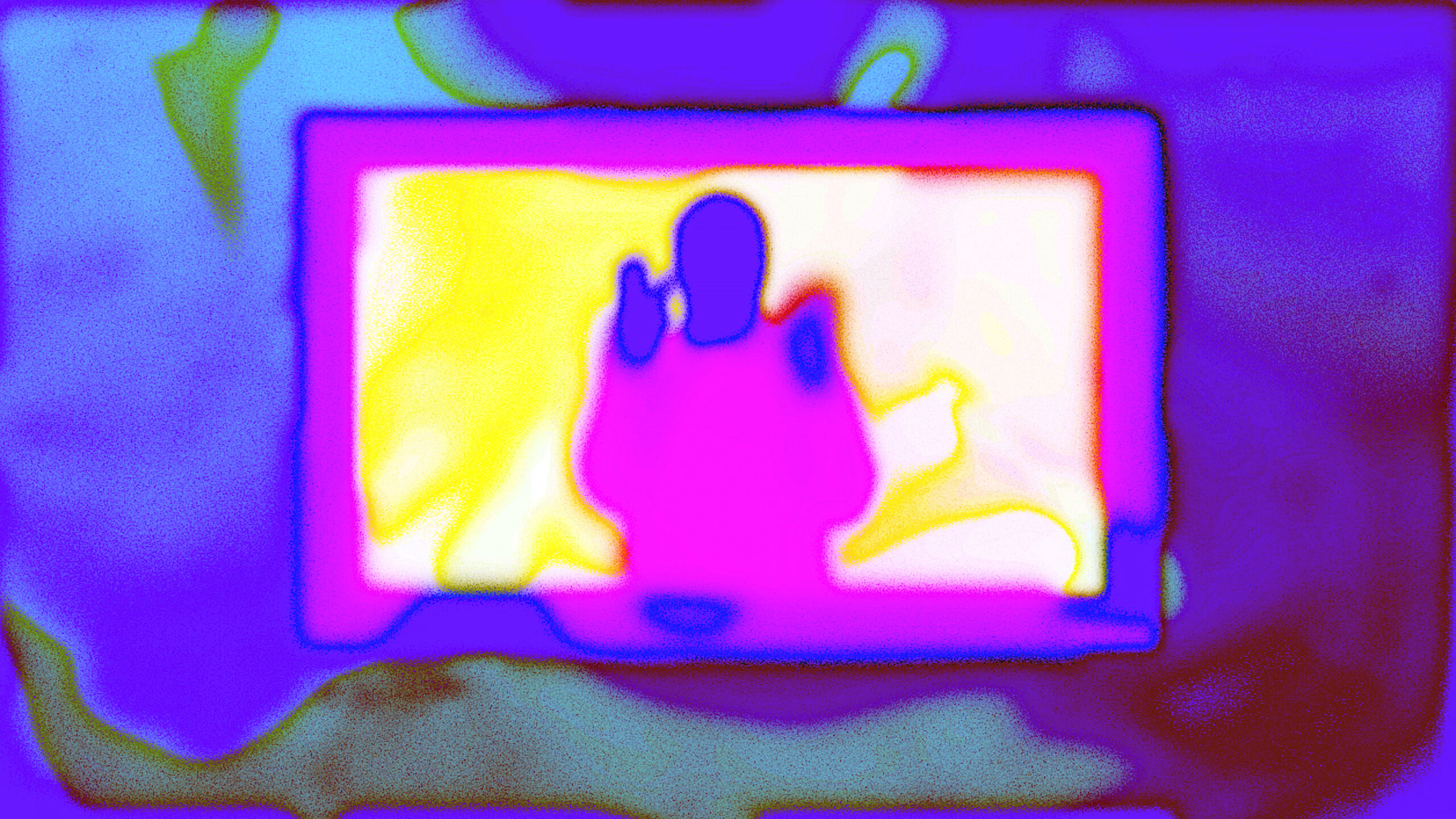 A close-up of a screen displaying a colorful, stylized purple and pink human figure signing in sign language against a bright yellow and white background. The screen is surrounded by a purple frame, with abstract colorful shapes visible around it.