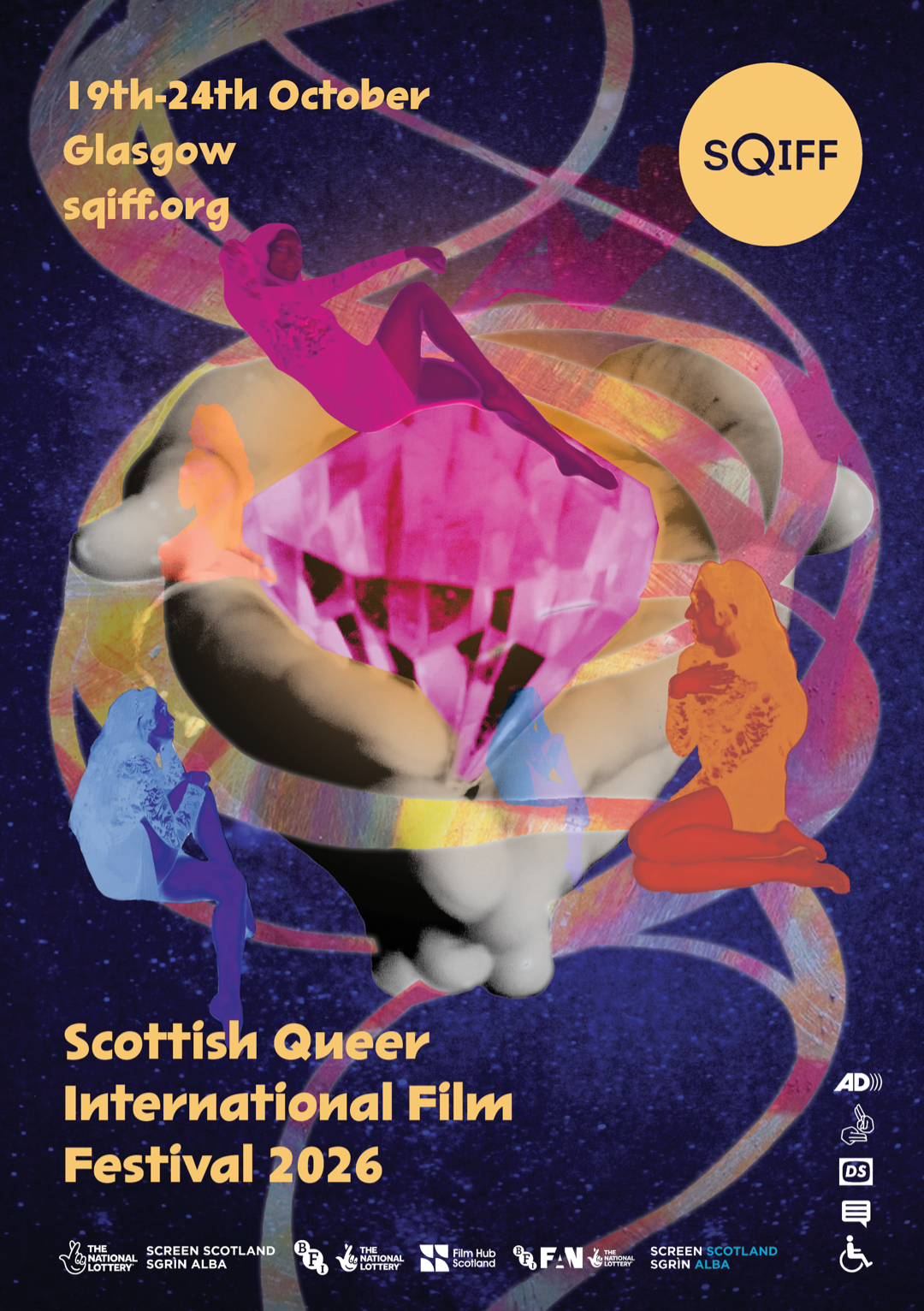Christian Charles artwork for SQIFF 2026, with hands holding a gem and colourful swirls and a trans feminine model being held through these spirals. It has a spacey background and the text of the poster reads 19th - 24th October, Glasgow, sqiff.org, Scottish Queer International Film Festival 2026. The logos of the funders as well as access symbols promoting the BSL-English Interpretation, Wheelchair Access, Live Captioning, Audio Description, and Descriptive Subtitles is at the bottom of the design, with the SQIFF logo at the top right of the image.