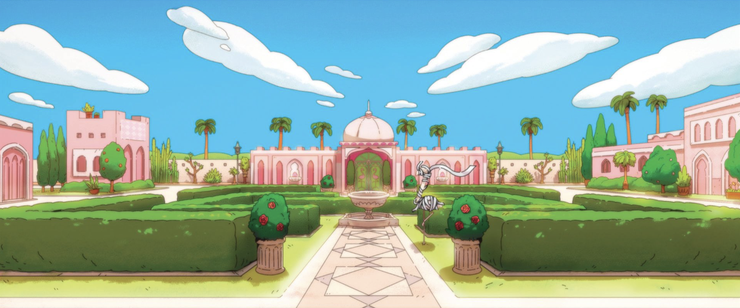 A pristine pink garden stretches beneath a bright blue sky, framed by symmetrical hedges, fountains, and palm trees. Near its center stands a flamingo sculpture wrapped in bandages, an uncanny variation on the recurring flamingo motif. As a breeze lifts the bandage and carries it into the sky, the surreal garden shifts from a projection of injury and altered perception toward an image of release, healing, and renewal.